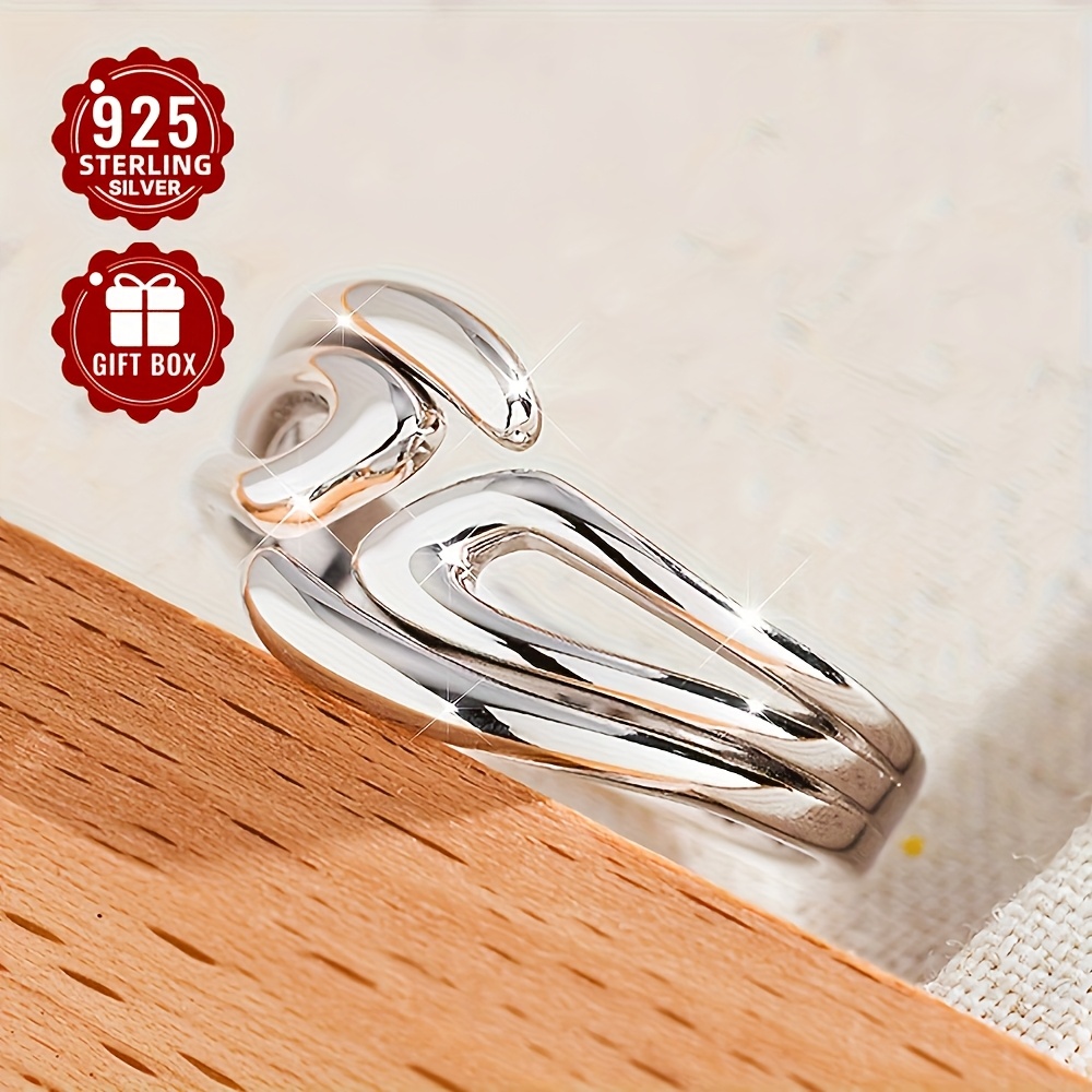 Women's 925 Silver Open Ring Hip Hop Geometric Line Adjustable Finger Ring
